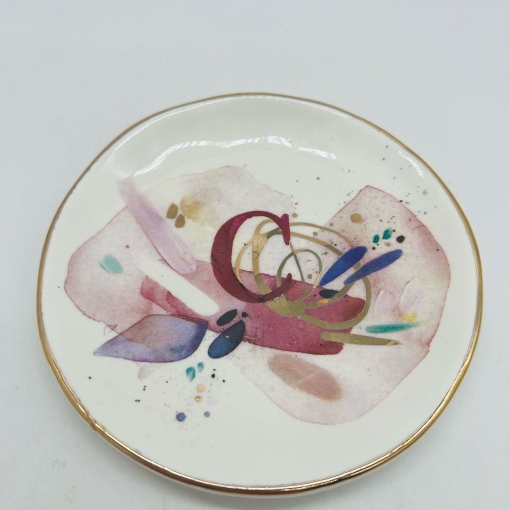Anthropologie Ceramic Trinket Dish in Purple and Gold with Blue Accents